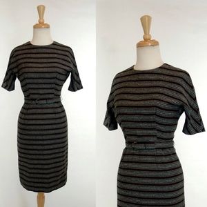 50s 60s Vintage Gray Black Stripe Wiggle Dress Sm